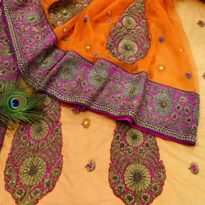 Indian Pre-owned Saree Orange Mesh/Net Hand Embroidered Sabyasachi Designer Sari 6Yd Soft Ethnic Bollywood Party saree