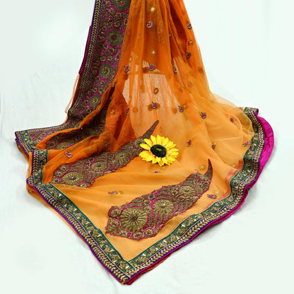 Indian Pre-owned Saree Orange Mesh/Net Hand Embroidered Sabyasachi Designer Sari 6Yd Soft Ethnic Bollywood Party saree