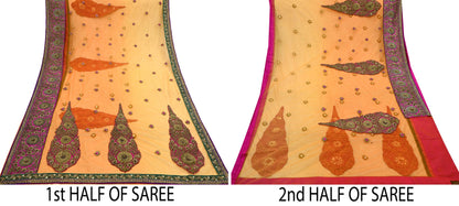 Indian Pre-owned Saree Orange Mesh/Net Hand Embroidered Sabyasachi Designer Sari 6Yd Soft Ethnic Bollywood Party saree