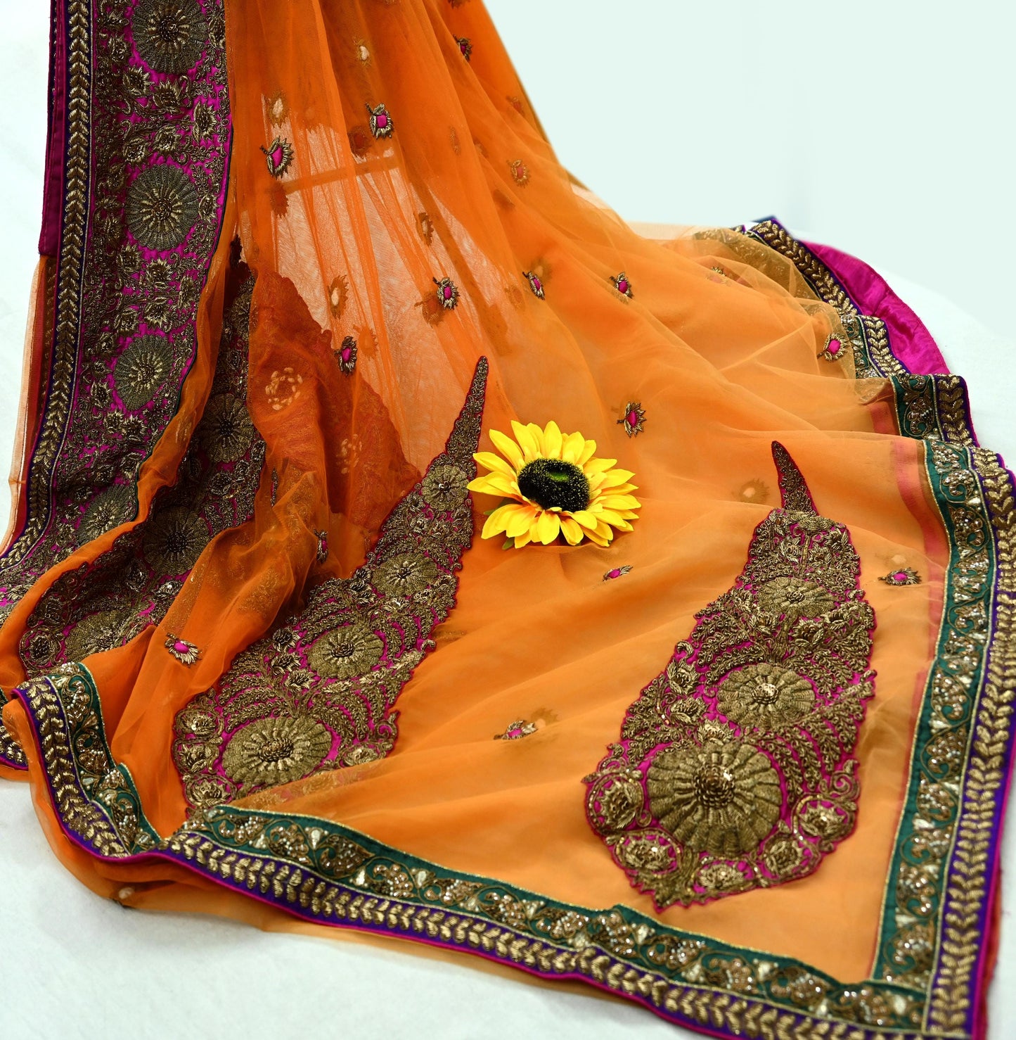 Indian Pre-owned Saree Orange Mesh/Net Hand Embroidered Sabyasachi Designer Sari 6Yd Soft Ethnic Bollywood Party saree