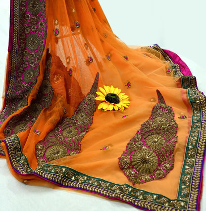 Indian Pre-owned Saree Orange Mesh/Net Hand Embroidered Sabyasachi Designer Sari 6Yd Soft Ethnic Bollywood Party saree