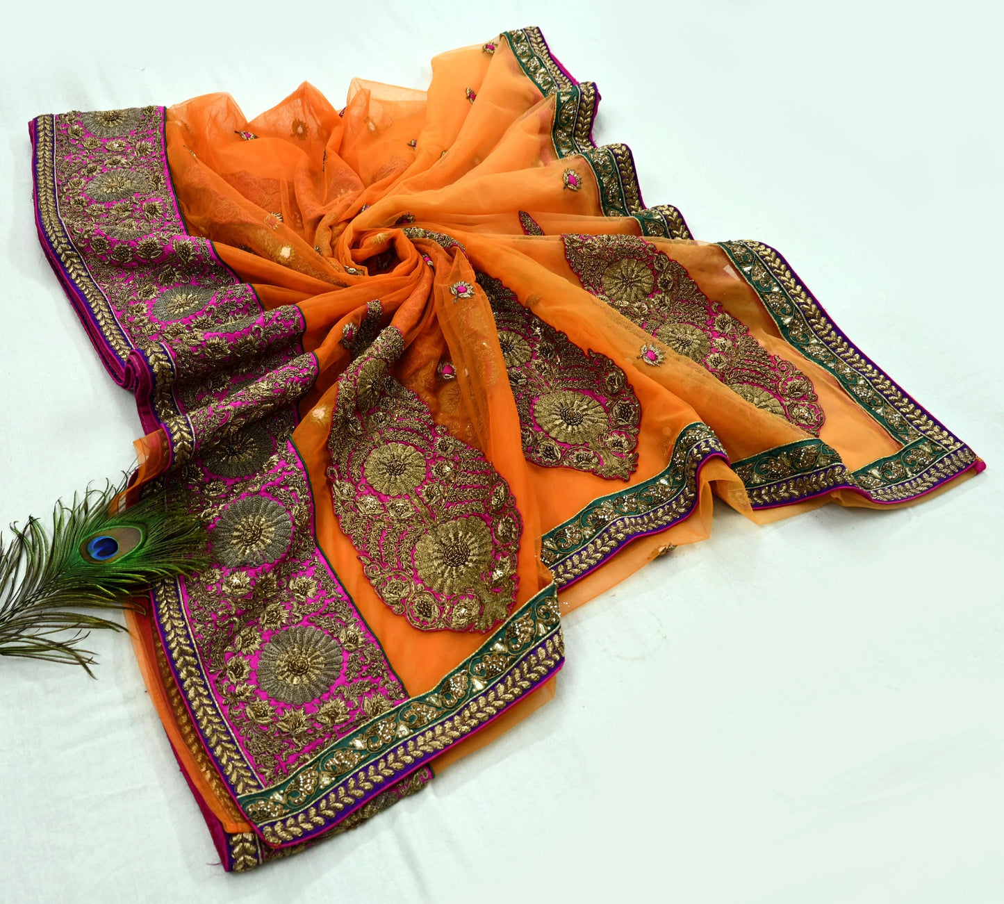 Indian Pre-owned Saree Orange Mesh/Net Hand Embroidered Sabyasachi Designer Sari 6Yd Soft Ethnic Bollywood Party saree
