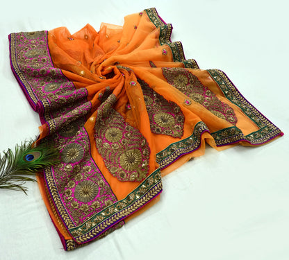 Indian Pre-owned Saree Orange Mesh/Net Hand Embroidered Sabyasachi Designer Sari 6Yd Soft Ethnic Bollywood Party saree