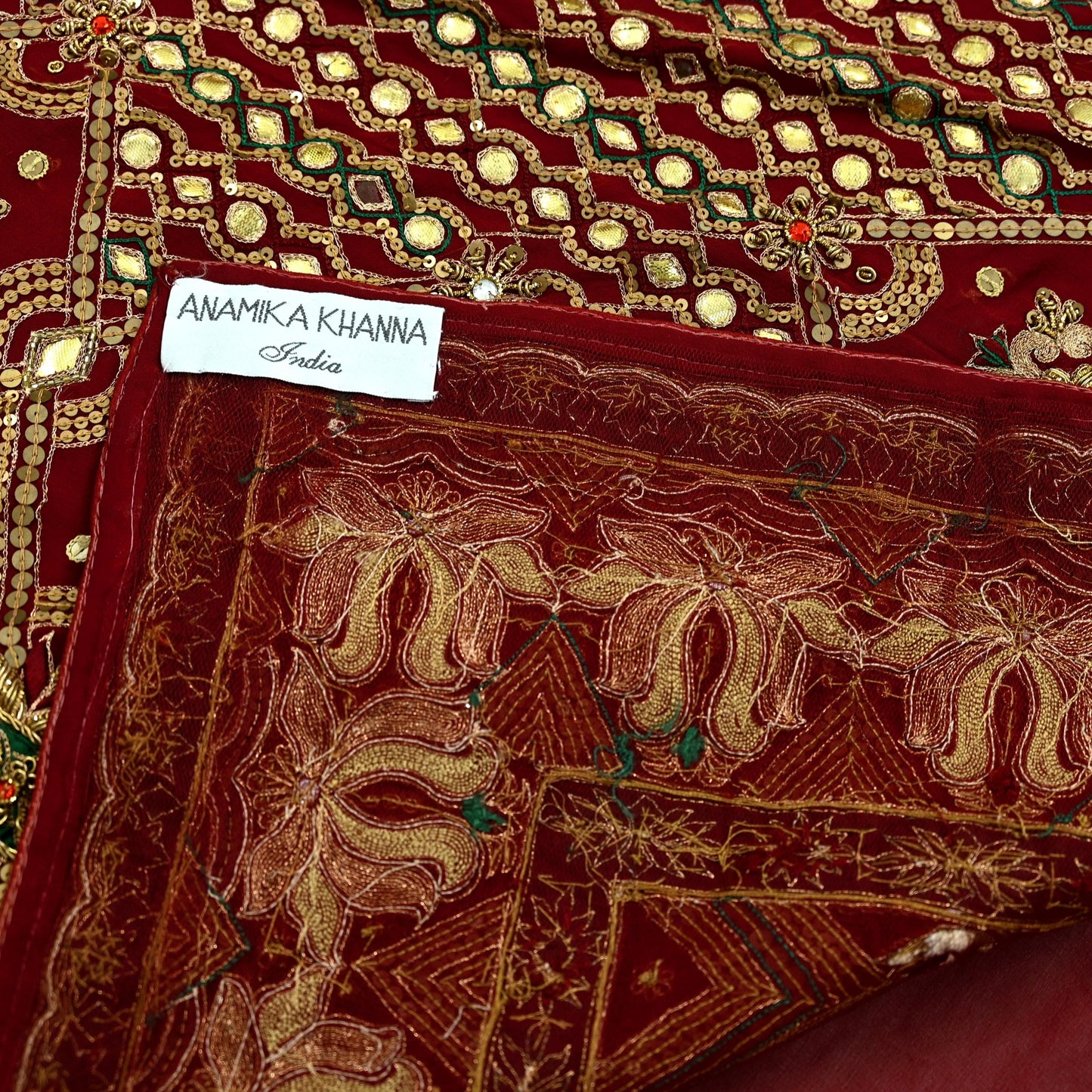 Indian Pre-owned Sari Maroon Pure Georgette Silk Hand Embroidered Anamika Khanna Designer Sarees Ethnic 6Yd Sewing  Zardozi Wedding Sarees