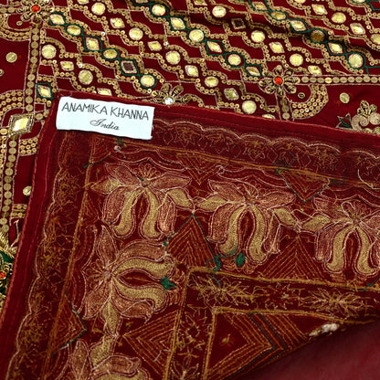 Indian Pre-owned Sari Maroon Pure Georgette Silk Hand Embroidered Anamika Khanna Designer Sarees Ethnic 6Yd Sewing  Zardozi Wedding Sarees