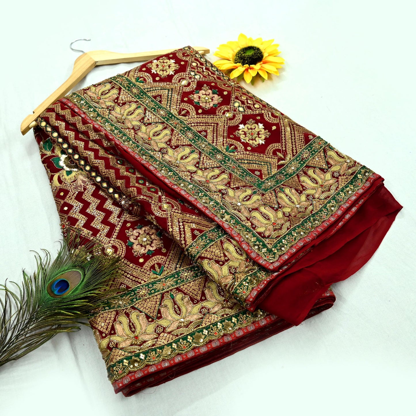 Indian Pre-owned Sari Maroon Pure Georgette Silk Hand Embroidered Anamika Khanna Designer Sarees Ethnic 6Yd Sewing  Zardozi Wedding Sarees