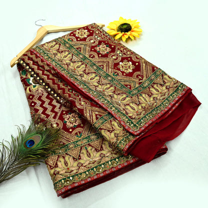 Indian Pre-owned Sari Maroon Pure Georgette Silk Hand Embroidered Anamika Khanna Designer Sarees Ethnic 6Yd Sewing  Zardozi Wedding Sarees