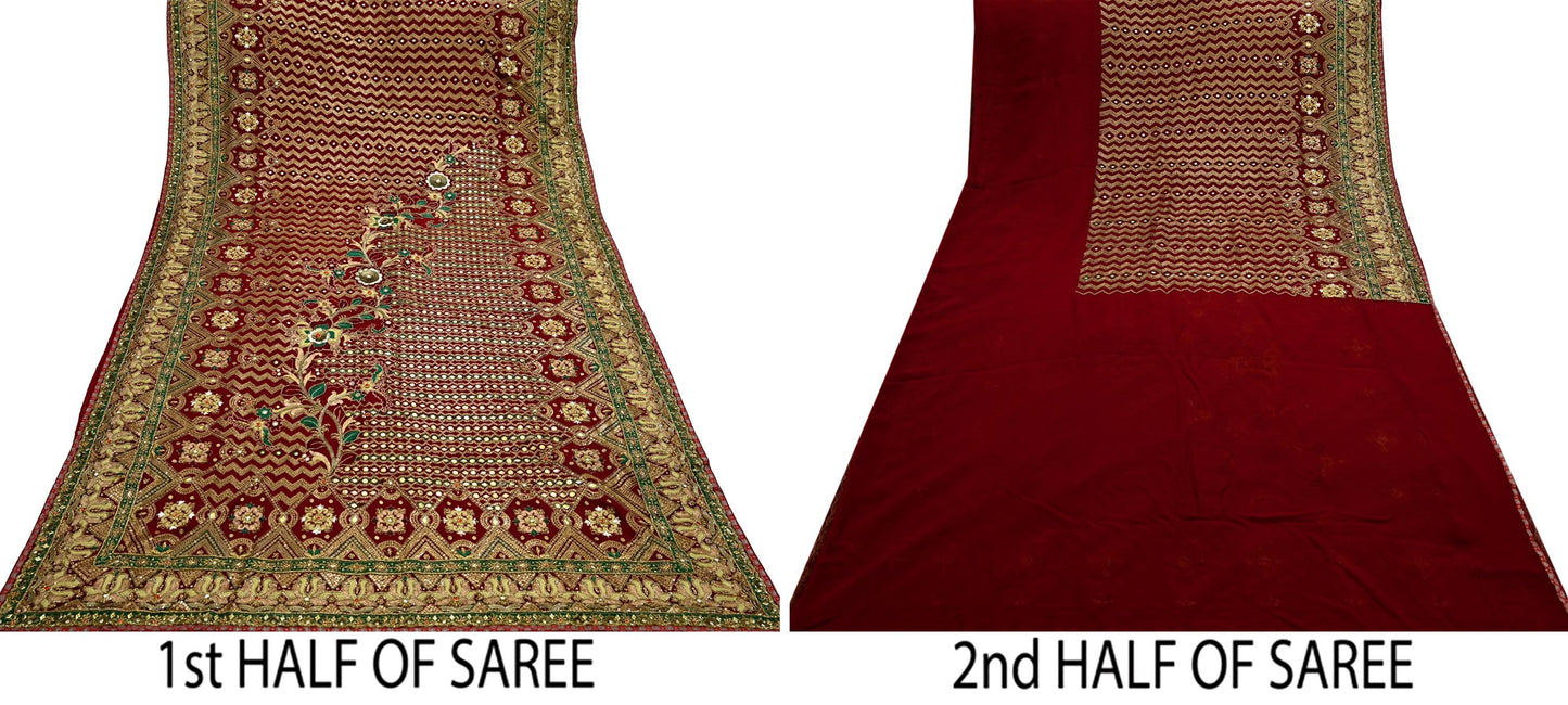 Indian Pre-owned Sari Maroon Pure Georgette Silk Hand Embroidered Anamika Khanna Designer Sarees Ethnic 6Yd Sewing  Zardozi Wedding Sarees