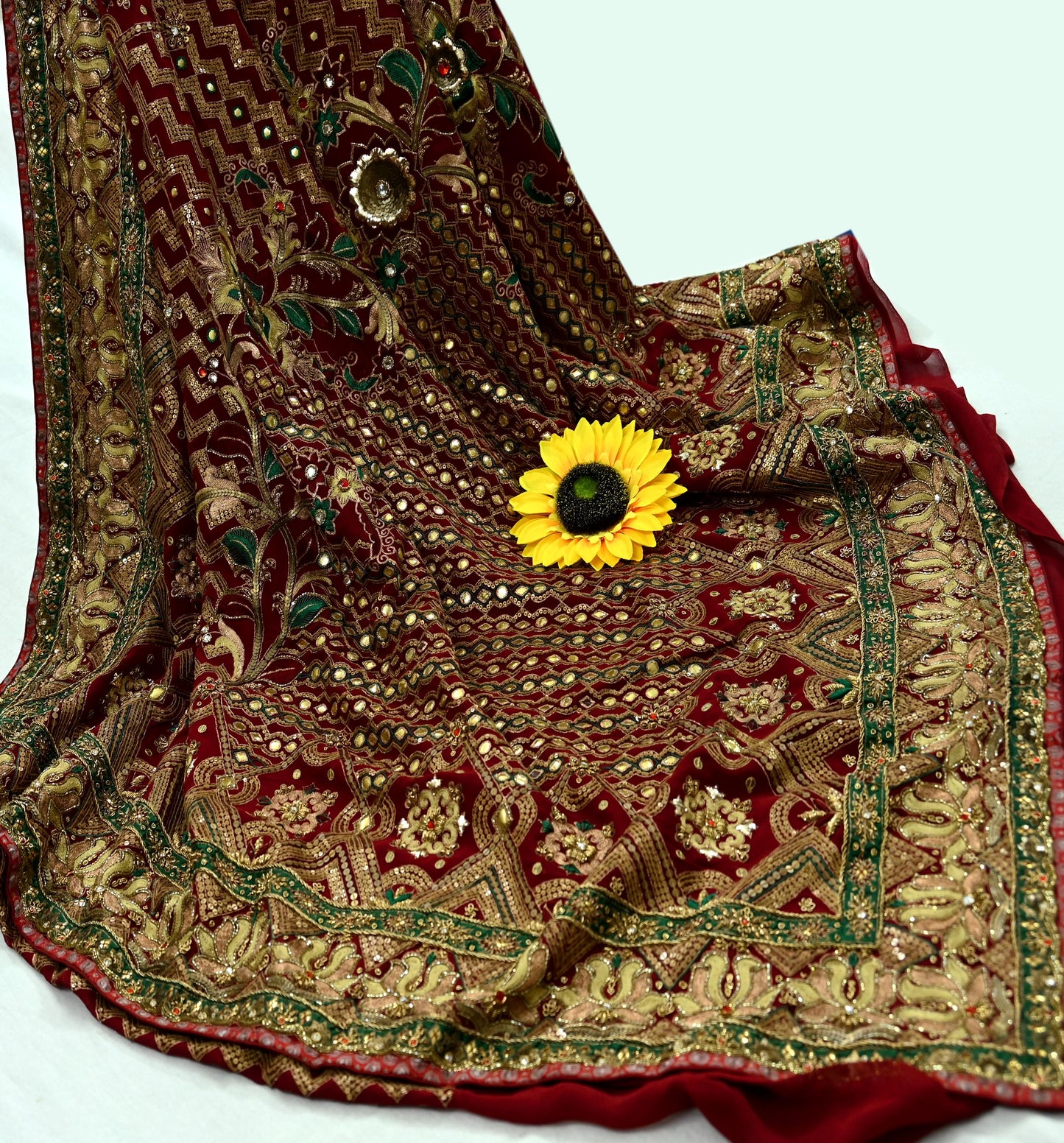 Indian Pre-owned Sari Maroon Pure Georgette Silk Hand Embroidered Anamika Khanna Designer Sarees Ethnic 6Yd Sewing  Zardozi Wedding Sarees