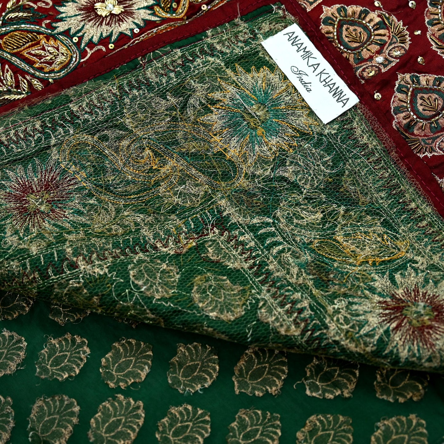Indian Pre-owned Sari Maroon & Green Pure Silk Hand Embroidered Anamika Khanna Designer Sarees Ethnic 5Yd Sewing  Zardozi Wedding Sarees