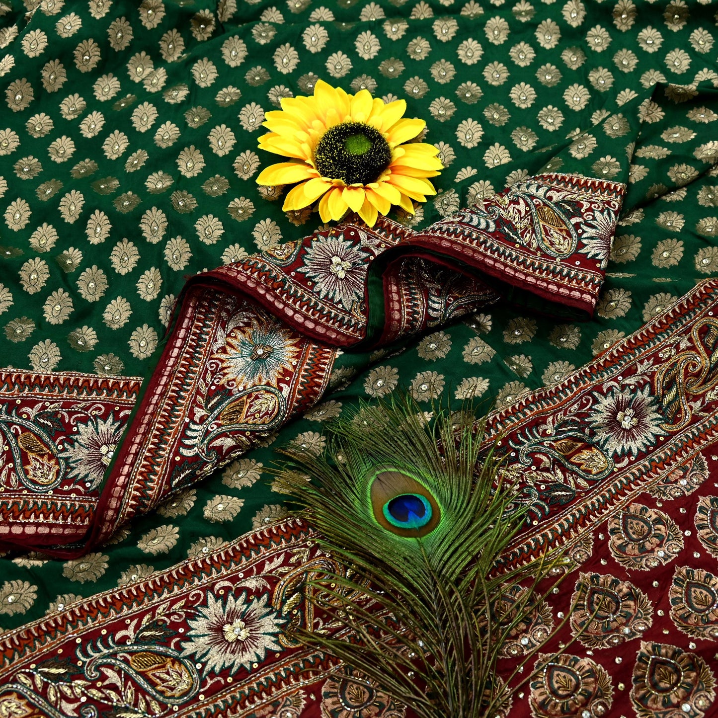 Indian Pre-owned Sari Maroon & Green Pure Silk Hand Embroidered Anamika Khanna Designer Sarees Ethnic 5Yd Sewing  Zardozi Wedding Sarees