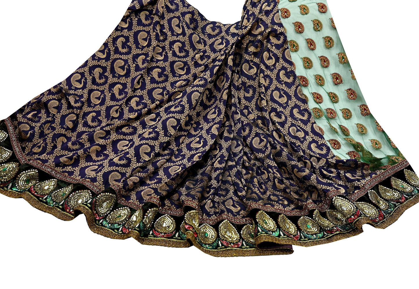 Indian Pre-Owned Sari Purple & Green Net/Mesh Hand Embroidered Brocade Designer Manish Malhotra Lehenga Sarees Ethnic Zardozi Peacock