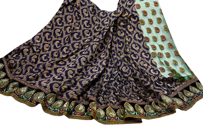 Indian Pre-Owned Sari Purple & Green Net/Mesh Hand Embroidered Brocade Designer Manish Malhotra Lehenga Sarees Ethnic Zardozi Peacock