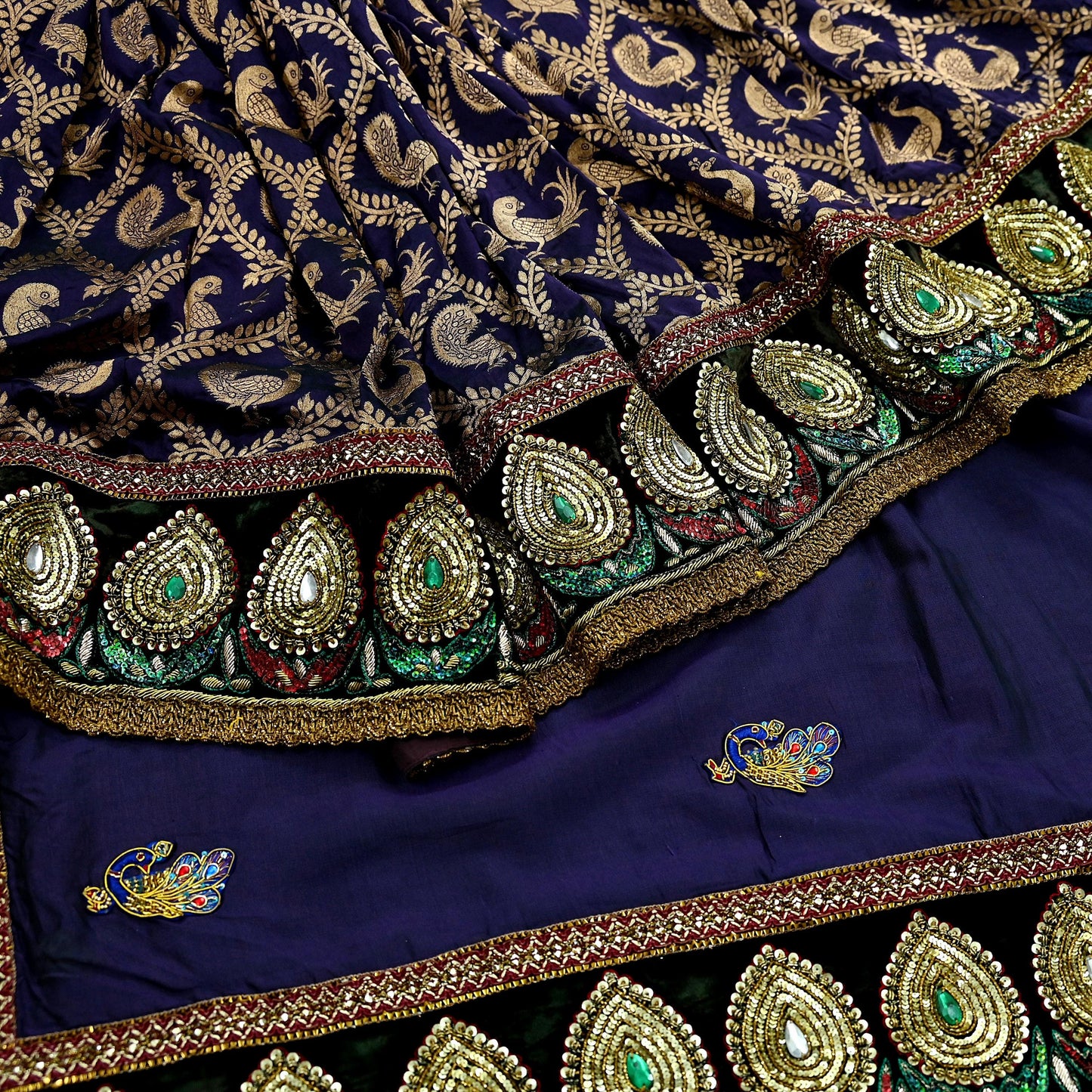 Indian Pre-Owned Sari Purple & Green Net/Mesh Hand Embroidered Brocade Designer Manish Malhotra Lehenga Sarees Ethnic Zardozi Peacock