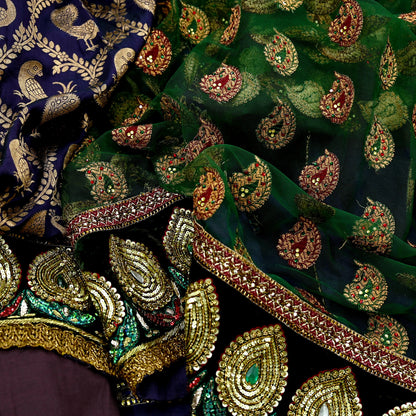 Indian Pre-Owned Sari Purple & Green Net/Mesh Hand Embroidered Brocade Designer Manish Malhotra Lehenga Sarees Ethnic Zardozi Peacock