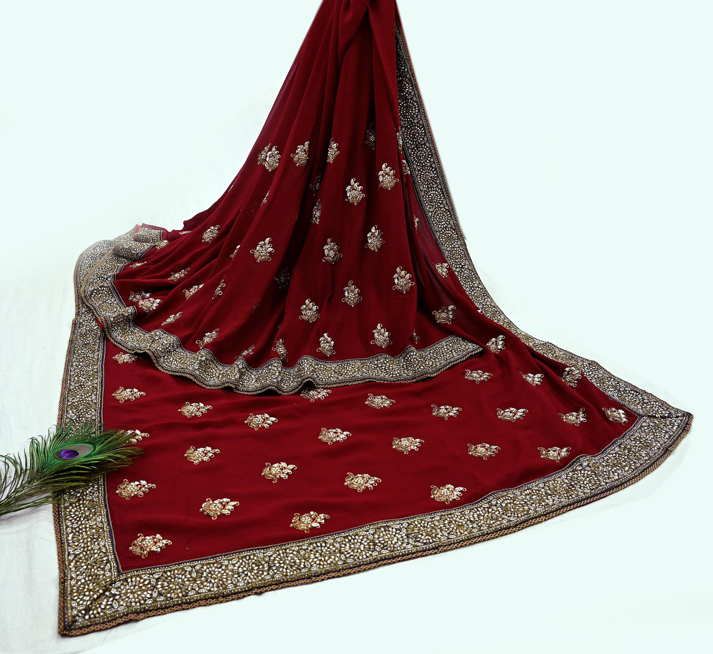 Indian Heavy Sari Maroon Pure Georgette Silk Hand Embroidered Sarees Designer Sabyasachi 6Yd Sewing Ethnic Bollywood party wear saree Dabka