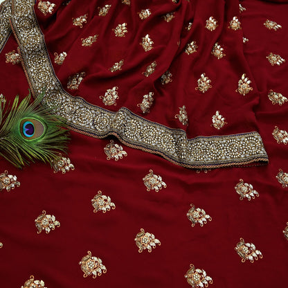 Indian Heavy Sari Maroon Pure Georgette Silk Hand Embroidered Sarees Designer Sabyasachi 6Yd Sewing Ethnic Bollywood party wear saree Dabka