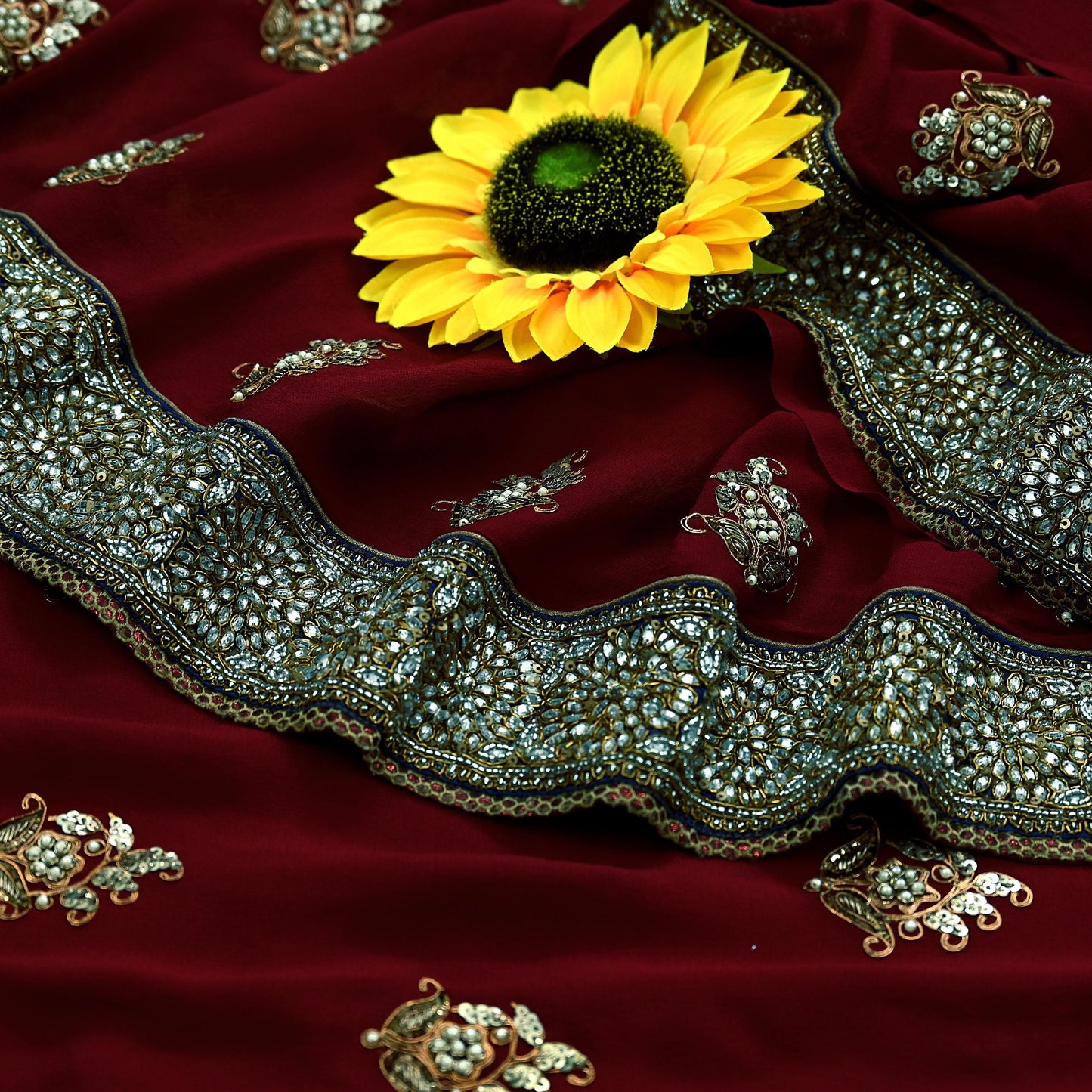 Indian Heavy Sari Maroon Pure Georgette Silk Hand Embroidered Sarees Designer Sabyasachi 6Yd Sewing Ethnic Bollywood party wear saree Dabka