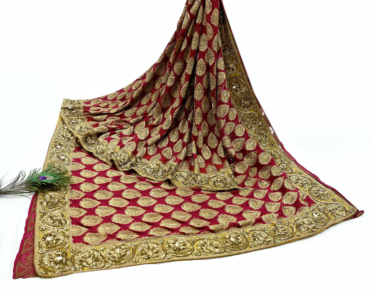 Indian Heavy Sari Red Pure Georgette Silk Hand Embroidered Sarees Designer Manish Malhotra 6Yd Sewing Ethnic Bollywood party wear saree