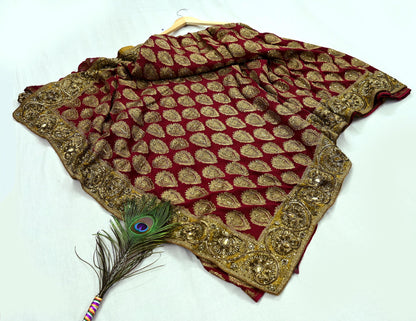 Indian Heavy Sari Red Pure Georgette Silk Hand Embroidered Sarees Designer Manish Malhotra 6Yd Sewing Ethnic Bollywood party wear saree