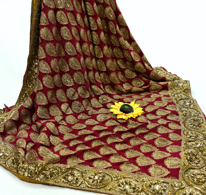 Indian Heavy Sari Red Pure Georgette Silk Hand Embroidered Sarees Designer Manish Malhotra 6Yd Sewing Ethnic Bollywood party wear saree