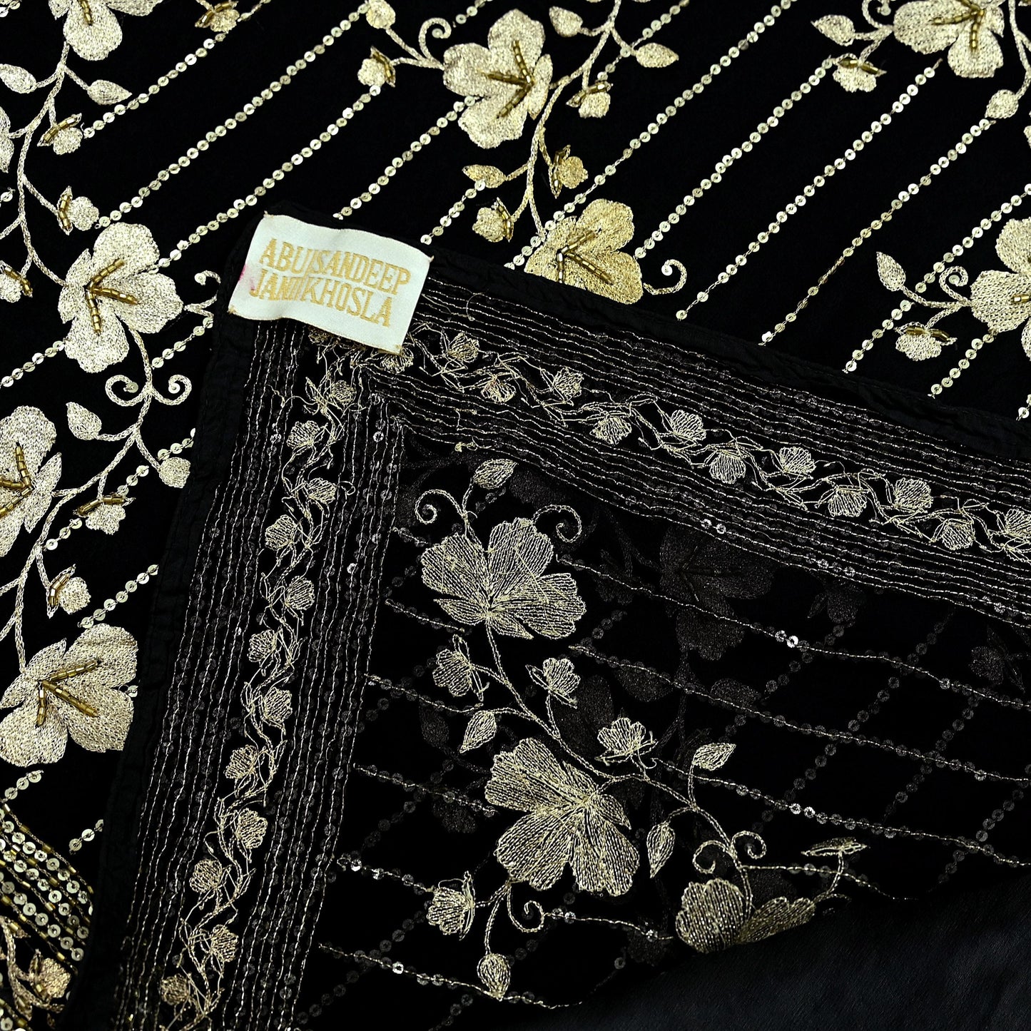 Indian Pre-owned Heavy Sari Black Pure Georgette Silk Hand Embroidered Sarees Designer Abu Jani 6Yd Sewing Ethnic Sarees