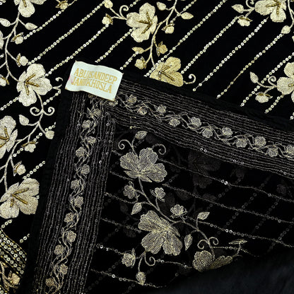 Indian Pre-owned Heavy Sari Black Pure Georgette Silk Hand Embroidered Sarees Designer Abu Jani 6Yd Sewing Ethnic Sarees