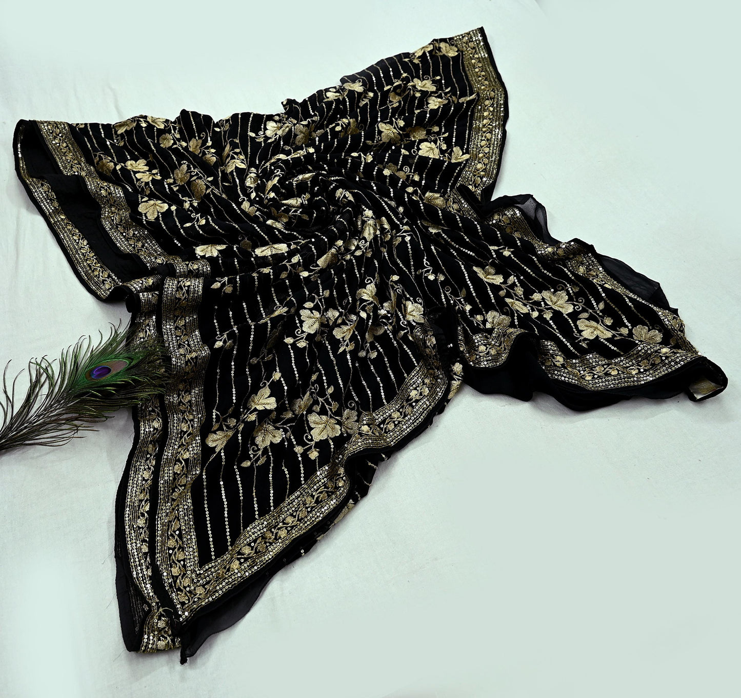 Indian Pre-owned Heavy Sari Black Pure Georgette Silk Hand Embroidered Sarees Designer Abu Jani 6Yd Sewing Ethnic Sarees