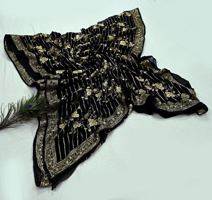 Indian Pre-owned Heavy Sari Black Pure Georgette Silk Hand Embroidered Sarees Designer Abu Jani 6Yd Sewing Ethnic Sarees