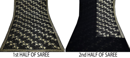 Indian Pre-owned Heavy Sari Black Pure Georgette Silk Hand Embroidered Sarees Designer Abu Jani 6Yd Sewing Ethnic Sarees