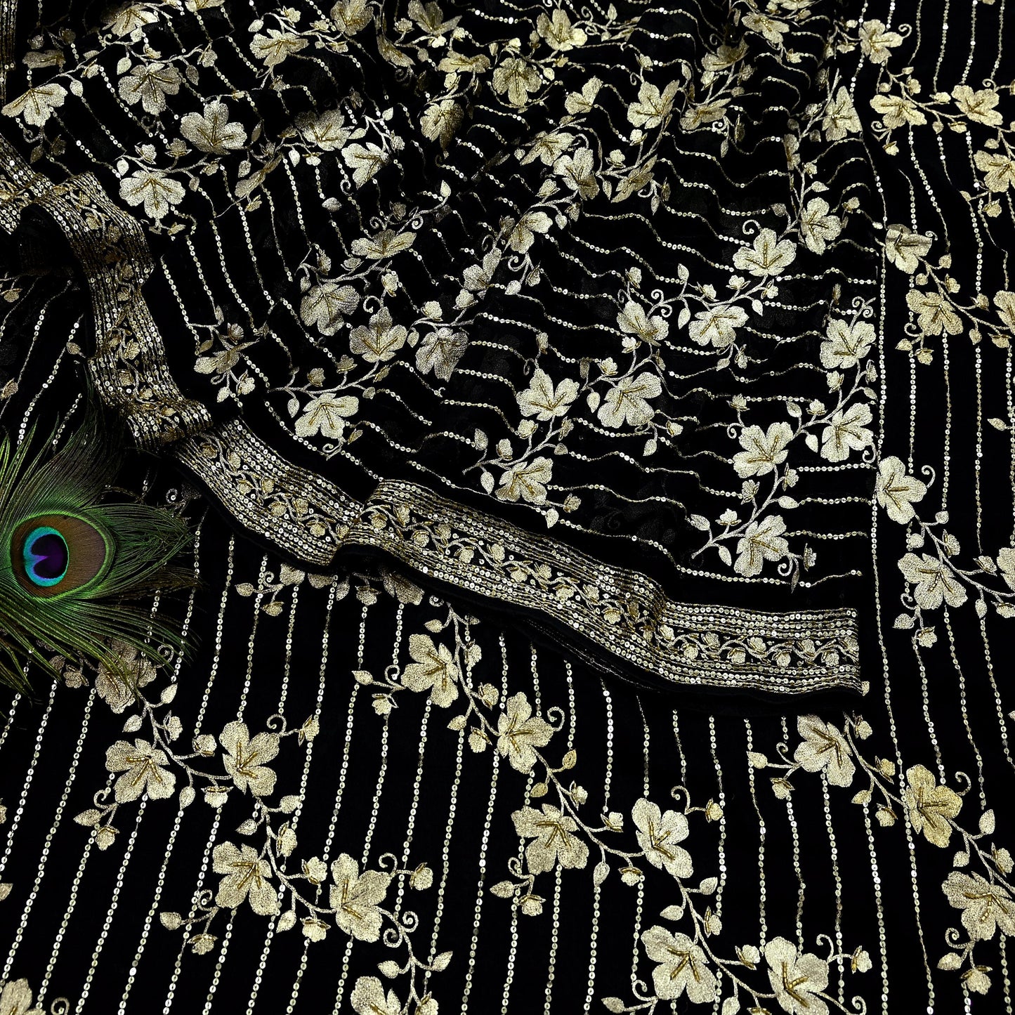 Indian Pre-owned Heavy Sari Black Pure Georgette Silk Hand Embroidered Sarees Designer Abu Jani 6Yd Sewing Ethnic Sarees