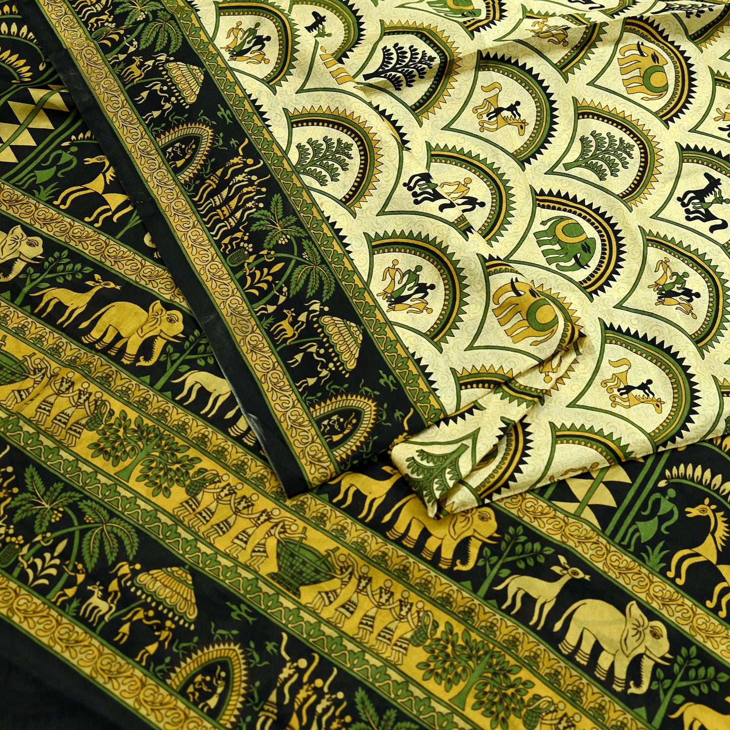 Indian Vintage Sari Beige & Black Pure Silk Warli Printed Saree Craft Fabric 5Yd Dress making Sewing Dress making For Crafting Quilting