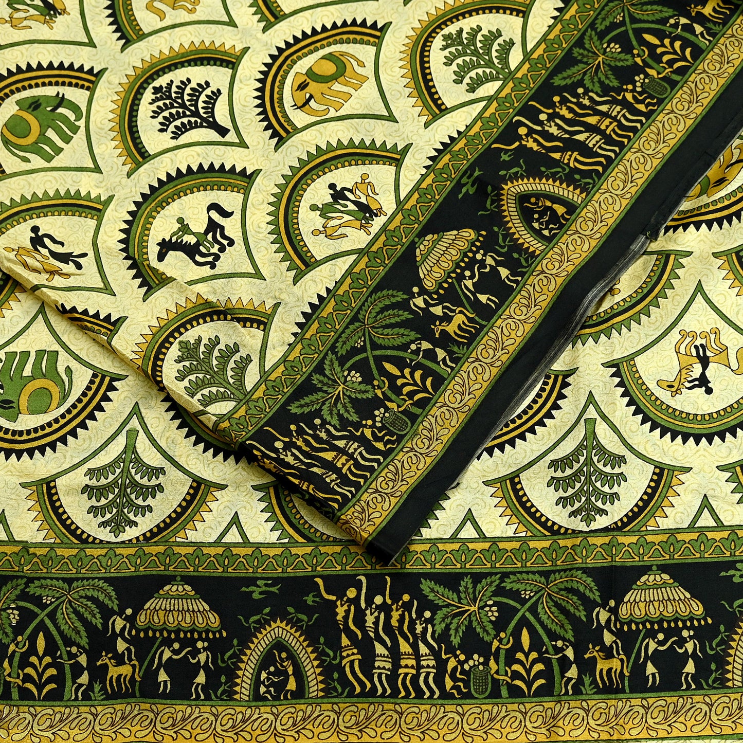 Indian Vintage Sari Beige & Black Pure Silk Warli Printed Saree Craft Fabric 5Yd Dress making Sewing Dress making For Crafting Quilting