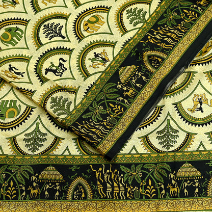 Indian Vintage Sari Beige & Black Pure Silk Warli Printed Saree Craft Fabric 5Yd Dress making Sewing Dress making For Crafting Quilting