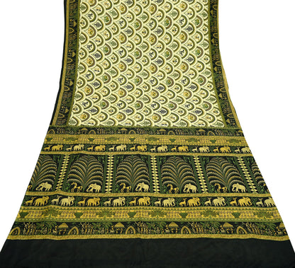 Indian Vintage Sari Beige & Black Pure Silk Warli Printed Saree Craft Fabric 5Yd Dress making Sewing Dress making For Crafting Quilting