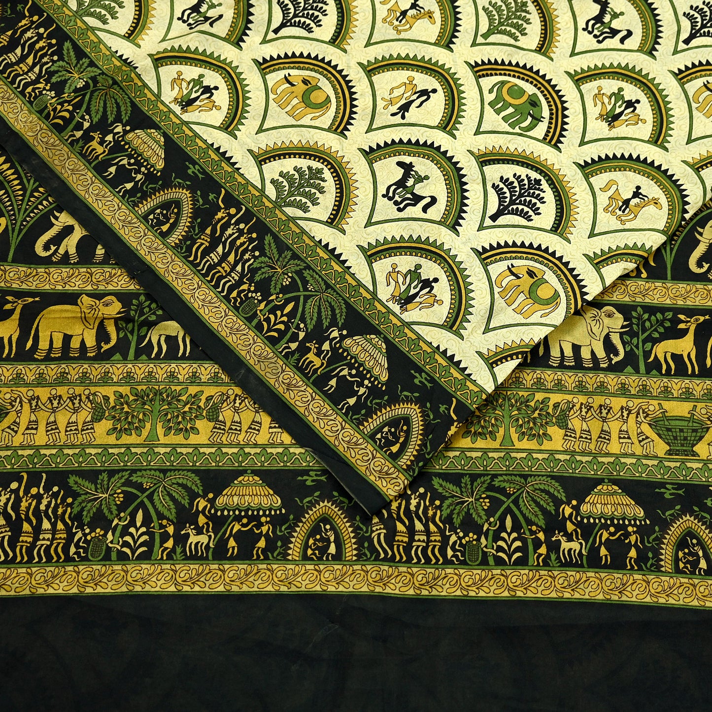 Indian Vintage Sari Beige & Black Pure Silk Warli Printed Saree Craft Fabric 5Yd Dress making Sewing Dress making For Crafting Quilting
