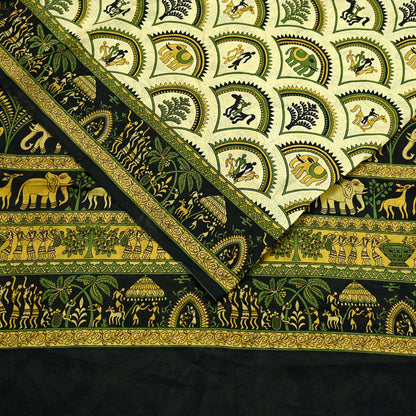 Indian Vintage Sari Beige & Black Pure Silk Warli Printed Saree Craft Fabric 5Yd Dress making Sewing Dress making For Crafting Quilting