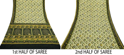Indian Vintage Sari Beige & Black Pure Silk Warli Printed Saree Craft Fabric 5Yd Dress making Sewing Dress making For Crafting Quilting