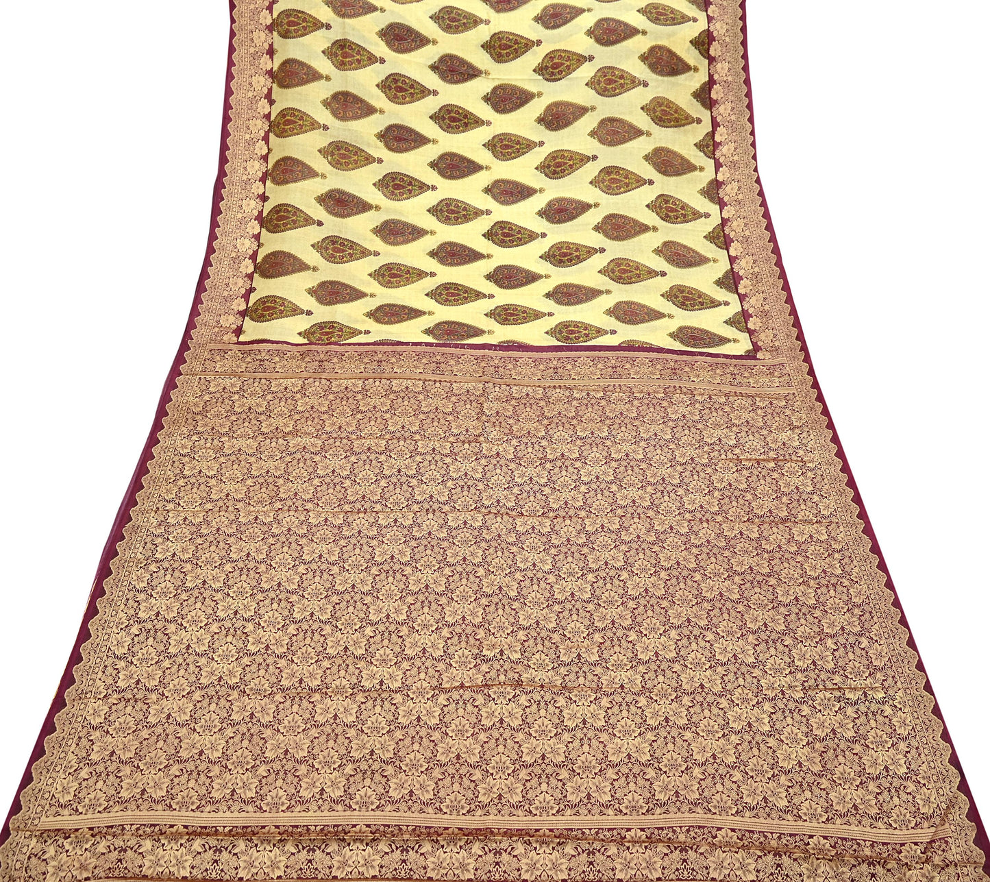 Vintage Sari Beige Pure Silk Hand Woven Printed Saree Fabric 5yard Sewing Soft Dress Designing for Crafting Quilting Upcycle Soft Border
