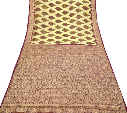 Vintage Sari Beige Pure Silk Hand Woven Printed Saree Fabric 5yard Sewing Soft Dress Designing for Crafting Quilting Upcycle Soft Border