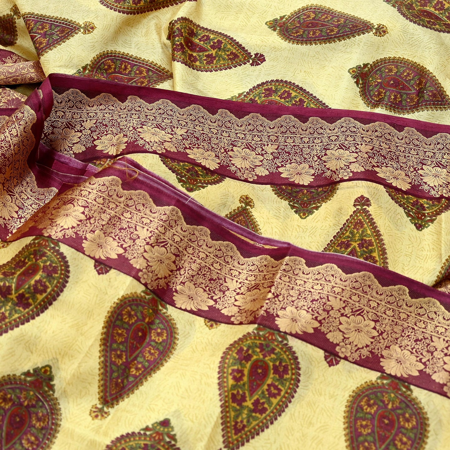 Vintage Sari Beige Pure Silk Hand Woven Printed Saree Fabric 5yard Sewing Soft Dress Designing for Crafting Quilting Upcycle Soft Border