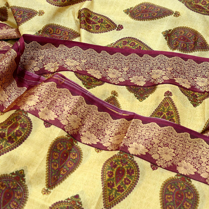 Vintage Sari Beige Pure Silk Hand Woven Printed Saree Fabric 5yard Sewing Soft Dress Designing for Crafting Quilting Upcycle Soft Border