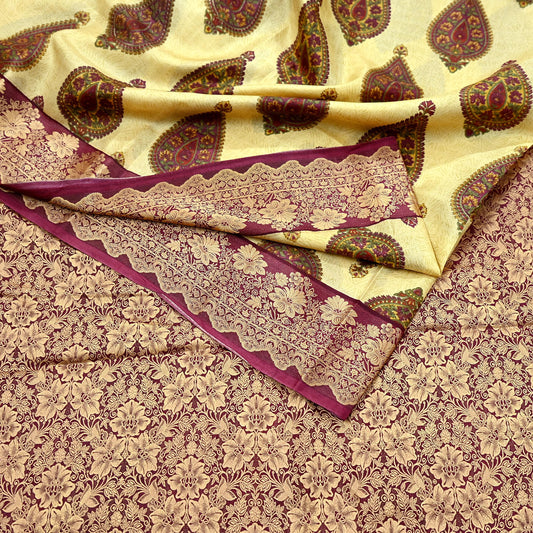 Vintage Sari Beige Pure Silk Hand Woven Printed Saree Fabric 5yard Sewing Soft Dress Designing for Crafting Quilting Upcycle Soft Border