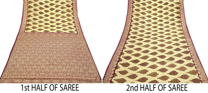 Vintage Sari Beige Pure Silk Hand Woven Printed Saree Fabric 5yard Sewing Soft Dress Designing for Crafting Quilting Upcycle Soft Border