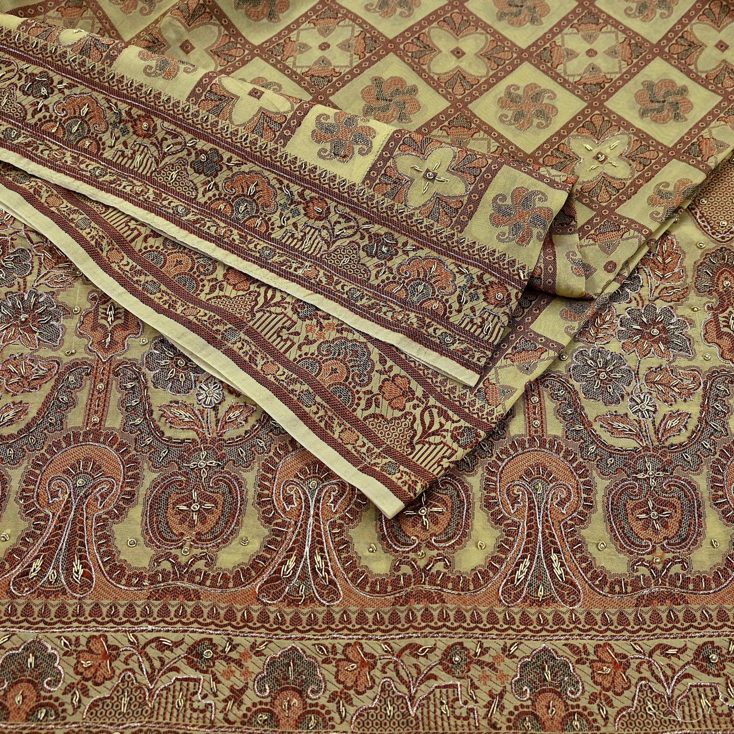 Indian Vintage Beige Sari Blend Silk Hand Embroidered Sarees 5Yd Craft Fabric Sewing soft Quilting Crafting Upcycle Ethnic Bollywood sarees