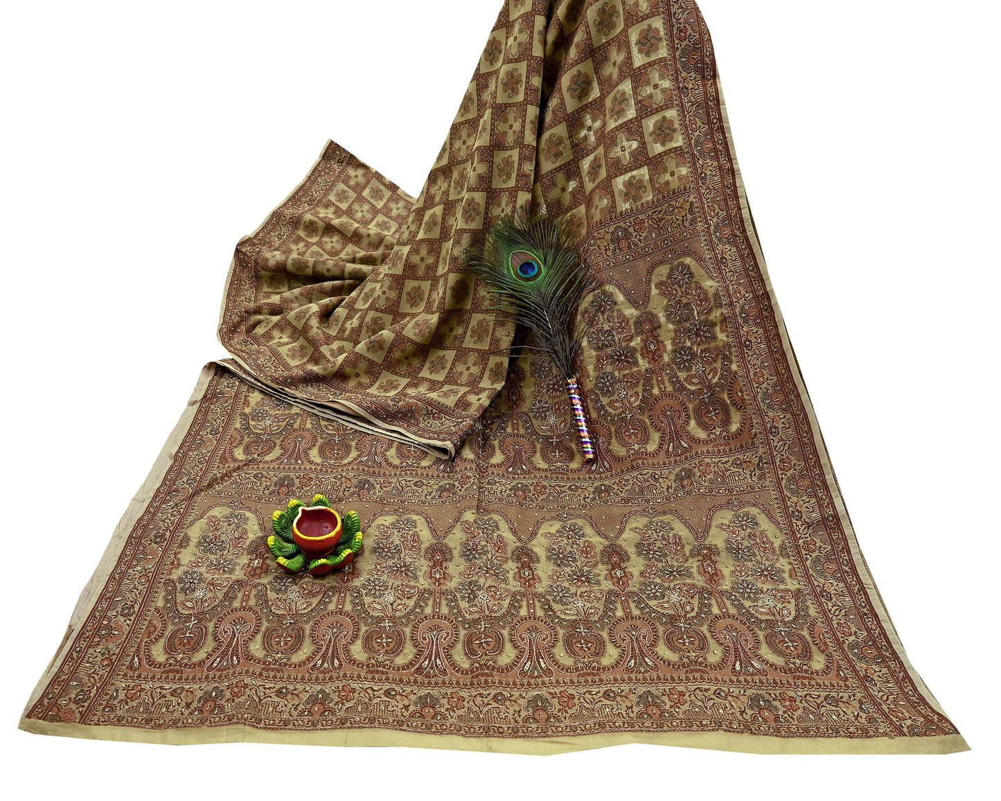 Indian Vintage Beige Sari Blend Silk Hand Embroidered Sarees 5Yd Craft Fabric Sewing soft Quilting Crafting Upcycle Ethnic Bollywood sarees