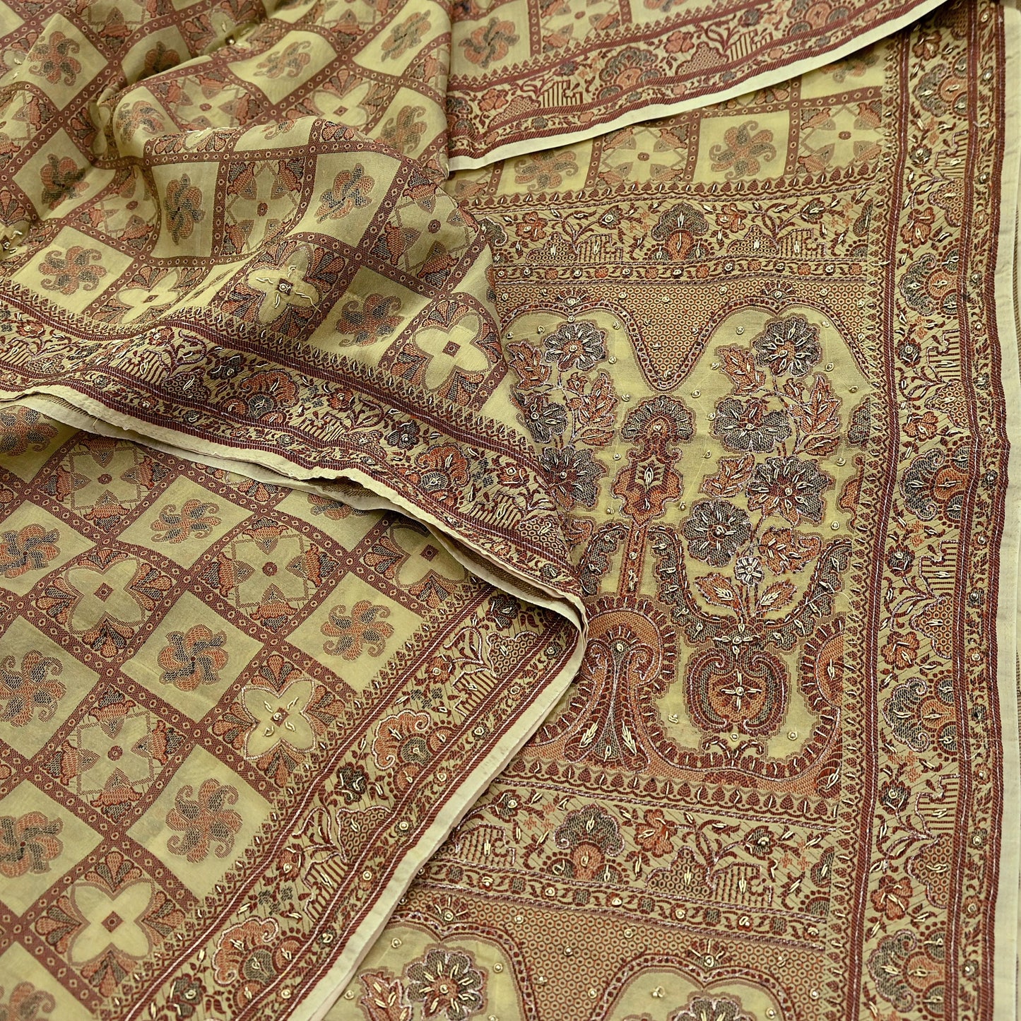 Indian Vintage Beige Sari Blend Silk Hand Embroidered Sarees 5Yd Craft Fabric Sewing soft Quilting Crafting Upcycle Ethnic Bollywood sarees