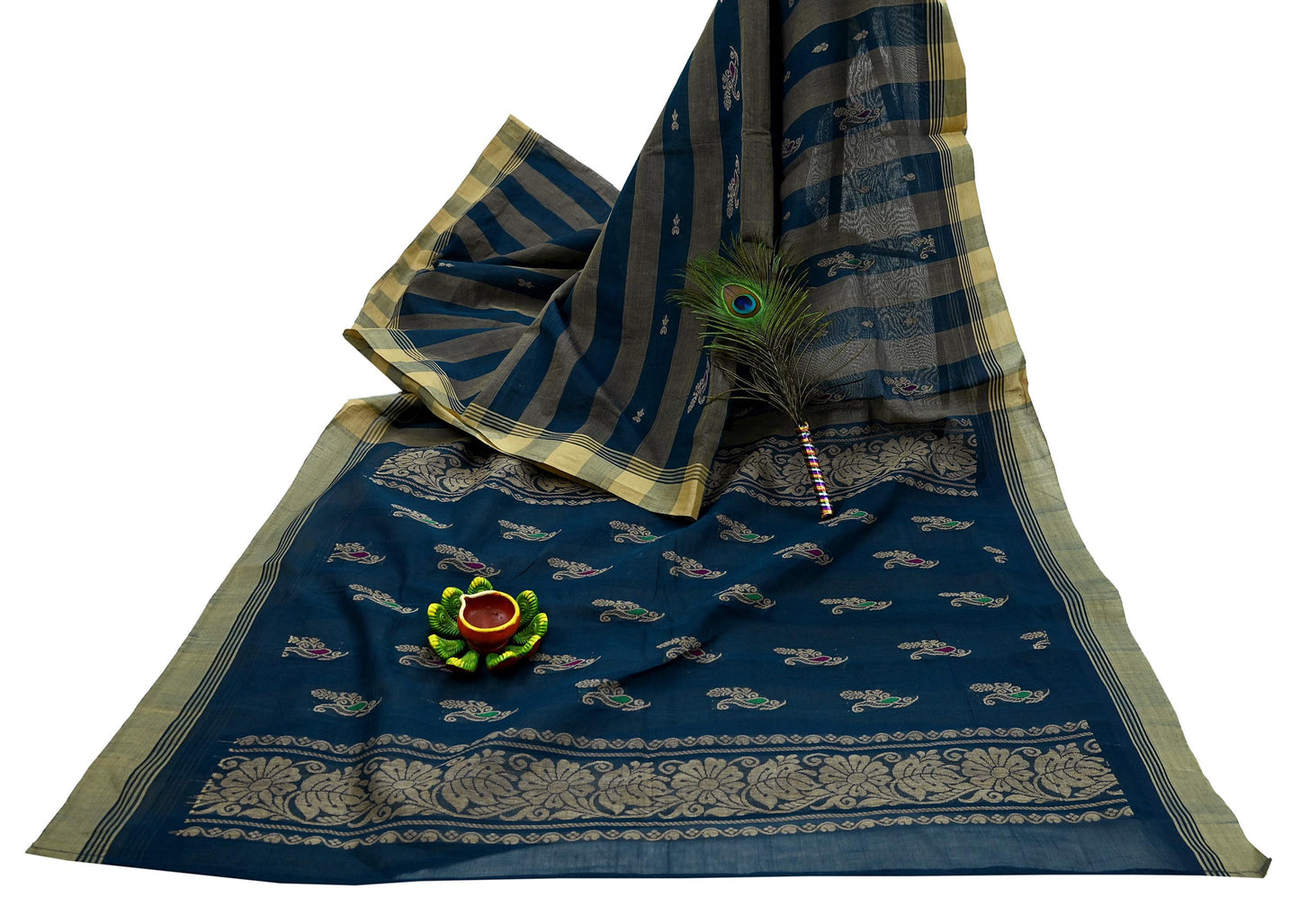 Indian Vintage Sari Green & Beige Pure Cotton Hand Woven Sarees Craft Fabric 5yd Ethnic Paisley Crafting Upcycle Quilting Dress Making