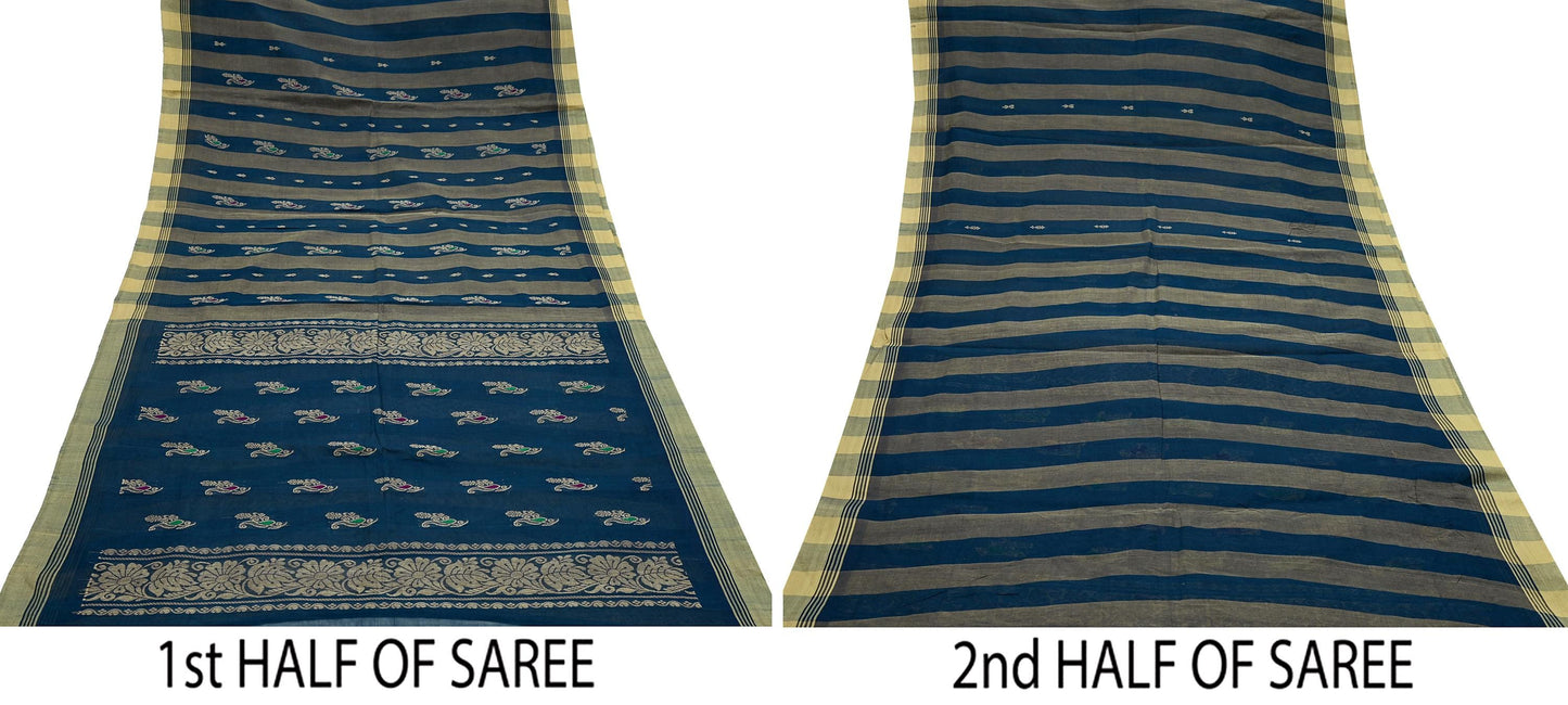 Indian Vintage Sari Green & Beige Pure Cotton Hand Woven Sarees Craft Fabric 5yd Ethnic Paisley Crafting Upcycle Quilting Dress Making