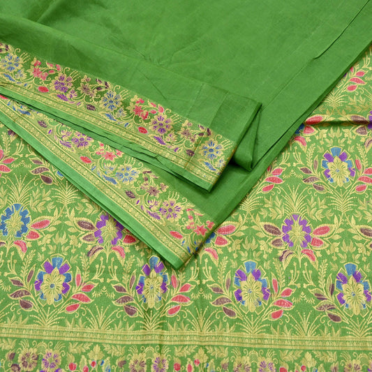 Vintage Sari Green Pure Silk Hand Woven Printed Saree Fabric 5yard Sewing Soft Dress Designing for Crafting Quilting Upcycle Soft Border